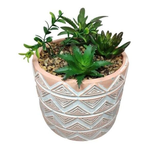 Modern Coastal Geometric Tribal Pattern Planter Pot w/ Faux Succulent Mix Peach - Picture 1 of 15